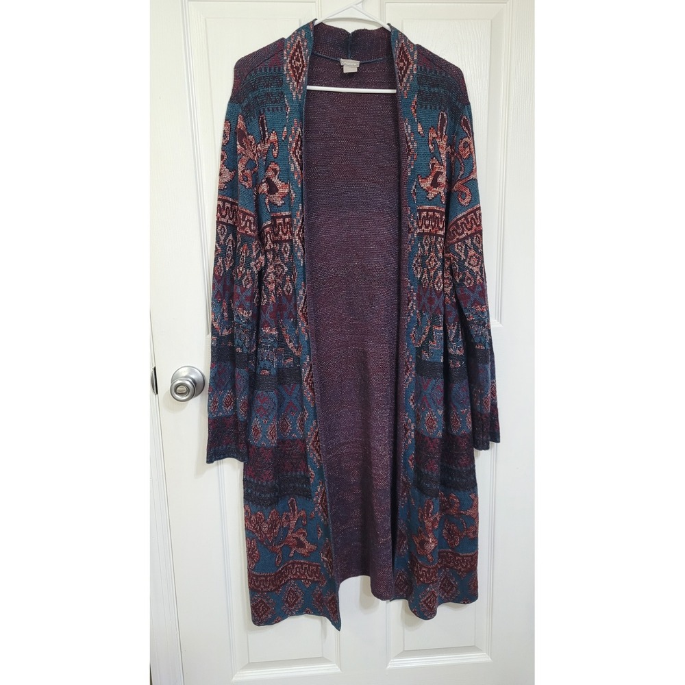 Chicos XL Open Front Duster Cardigan Southwestern Jacquard Knit Metallic Teal 3
